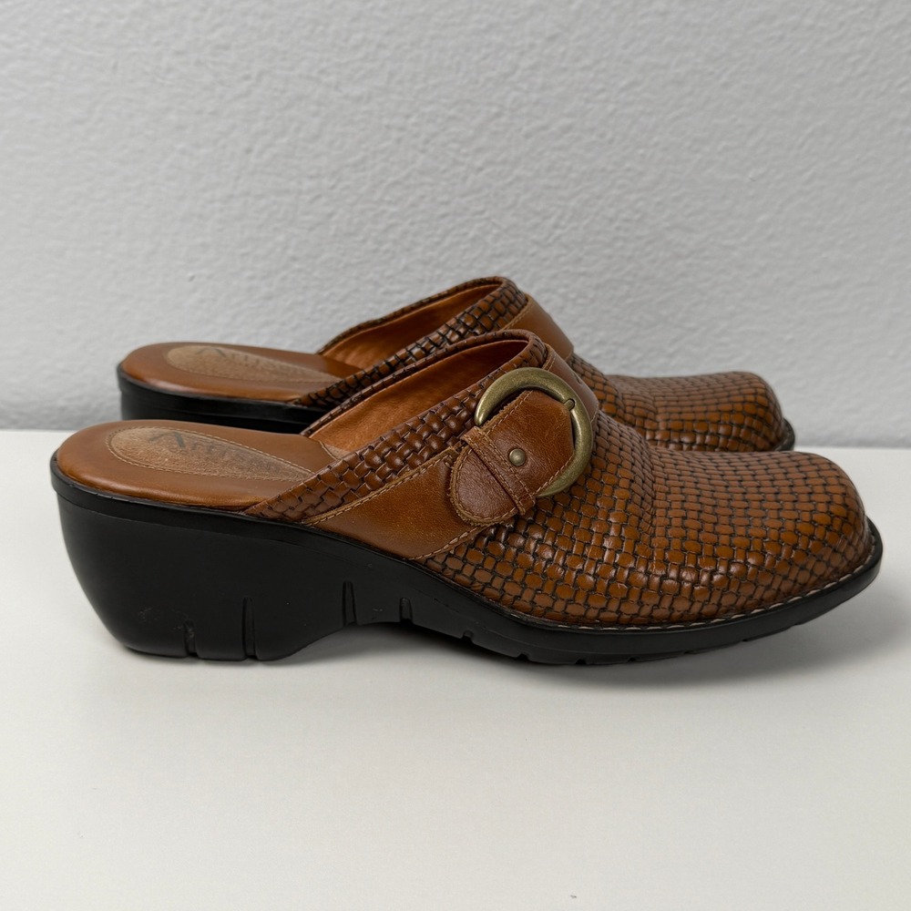 Clarks Artisan Mules Woven Leather Buckle 7.5M Brown Wedge Clogs - Picture 3 of 14